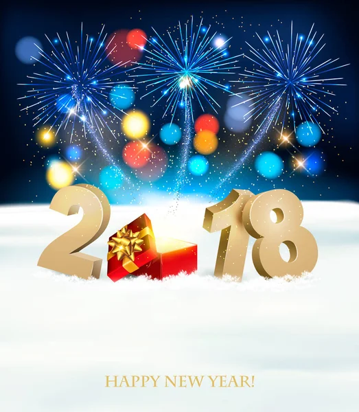 Feliz Año Nuevo con 2018, caja mágica y fuegos artificiales. Ve. — Archivo Imágenes Vectoriales