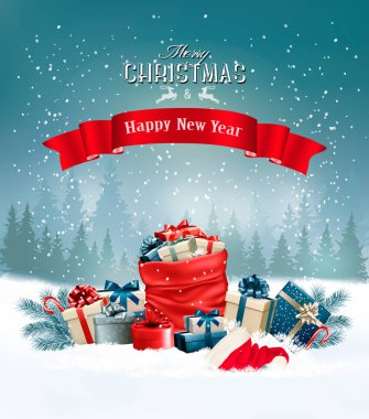 Noel tatil arka plan tam kırmızı torbayla sunar. Vect