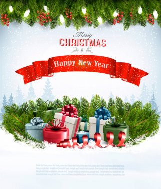Renkli hediye kutuları ve şube Noel tatil arka plan