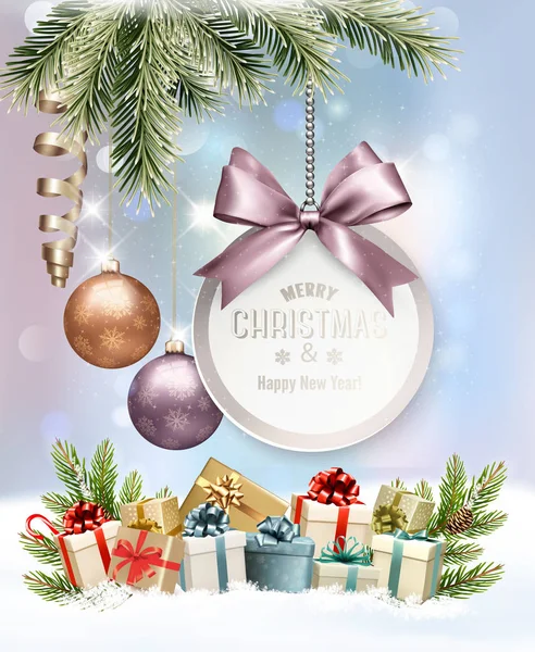 Merry Christmas Background with branches of tree and colorful gi — Stock Vector