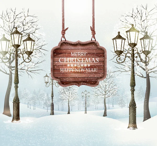Paysage d'hiver de Noël avec lampadaires et planche en bois. Vecte — Image vectorielle
