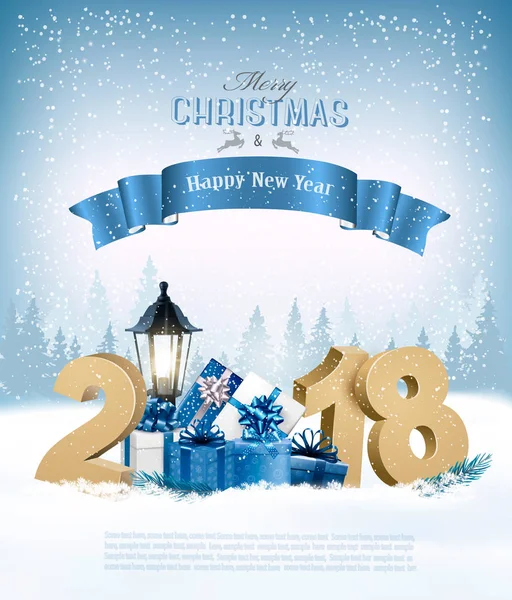 Feliz Navidad Fondo con 2018 y cajas de regalo y costilla azul — Archivo Imágenes Vectoriales