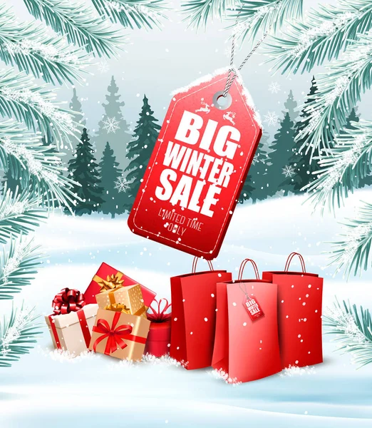 Tag di vendita invernale su sfondo di Natale con rami di albero e — Vettoriale Stock
