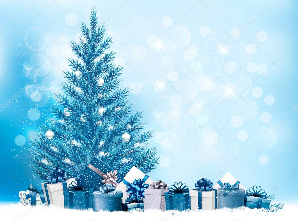 Holiday Christmas background with a gift boxes and blue tree. Ve