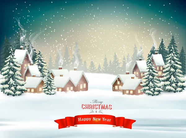 Weihnachten Hintergrund mit einem Winterdorf und Bäumen. v — Stockvektor