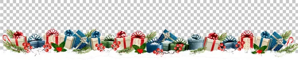 Decoración navideña con ramas de árbol y caja de regalo — Vector de stock