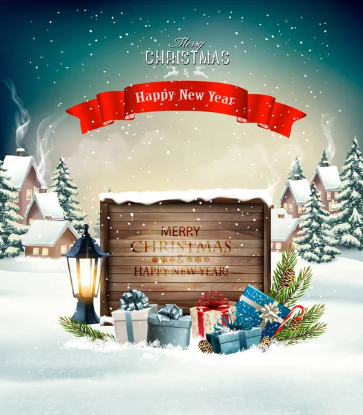 Buon Natale sfondo con regali e bordo di legno. Vecto — Vettoriale Stock