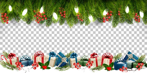 Natal quadro de férias com galhos de árvore e caixas de presente em — Vetor de Stock