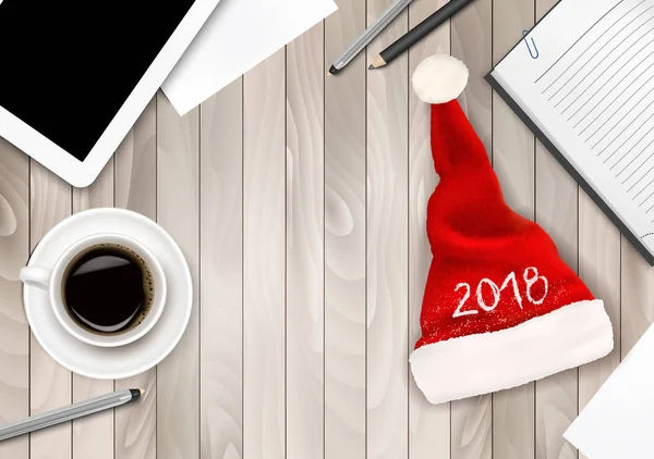 Boże Narodzenie Office tło z Santa Hat, Tablet i Office Su — Wektor stockowy