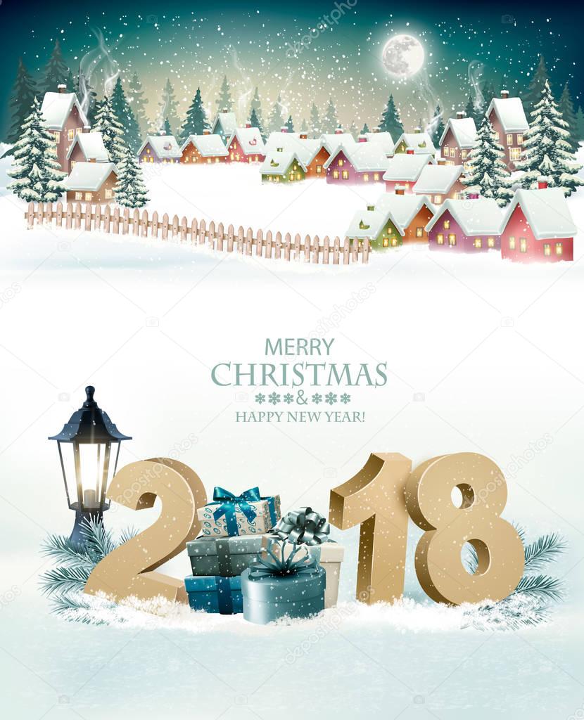 Holiday Christmas background with a winter village and  2018. Ve
