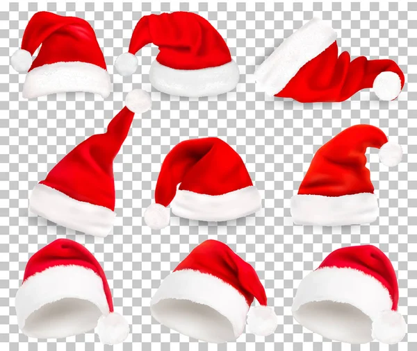 Collection of red santa hats on transparent background. Vector. — Stock Vector