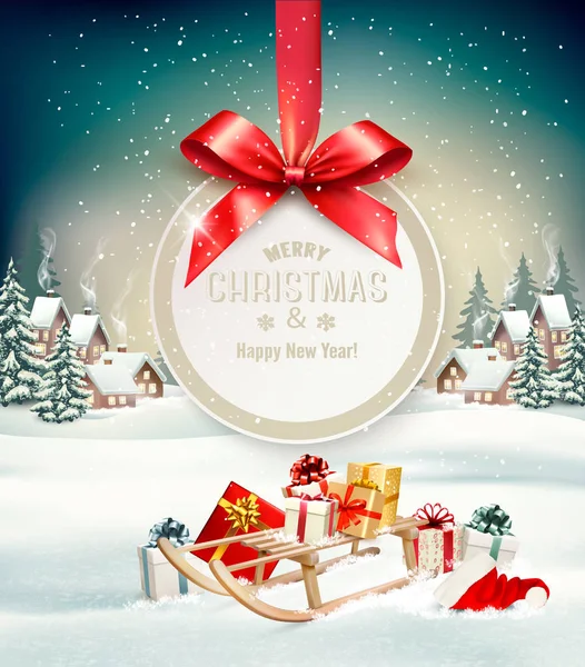 Vánoční dovolená pozadí s dárky na saních a dárek — Stockový vektor