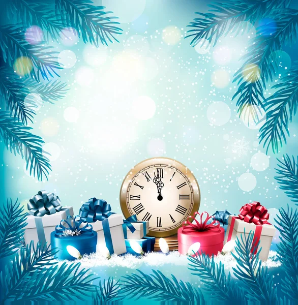 Fondo navideño navideño con cajas de regalo y reloj. Vector — Archivo Imágenes Vectoriales