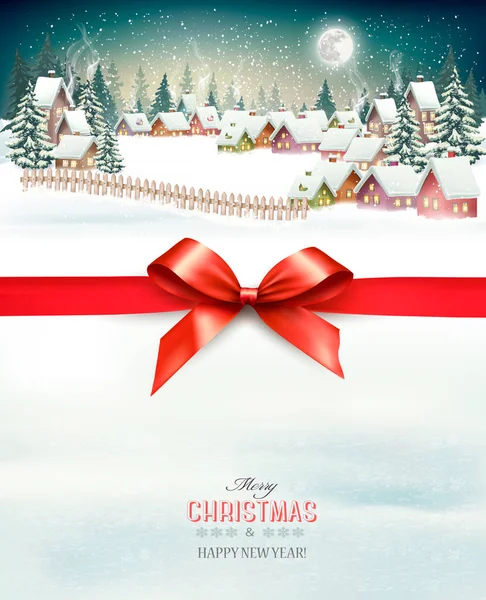 Holiday Christmas background with a winter village and  red bow. — Stock Vector