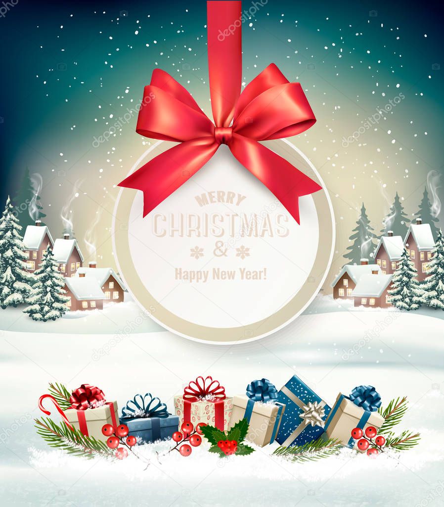 Christmas holiday background with a gift card and a gift boxes. 