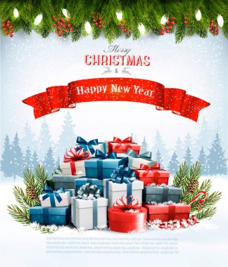 Renkli hediye kutuları ve şube Noel tatil arka plan