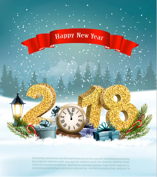 Feliz Año Nuevo 2018 fondo con regalos y reloj. Vector . — Vector de stock