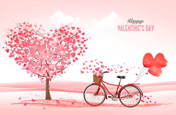 Valentine's Day background with a heart shaped trees and a bicycle. Vector.
