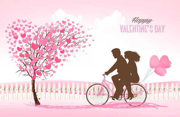 Fondo del Día de San Valentín con árboles en forma de corazón y una bicicleta — Archivo Imágenes Vectoriales