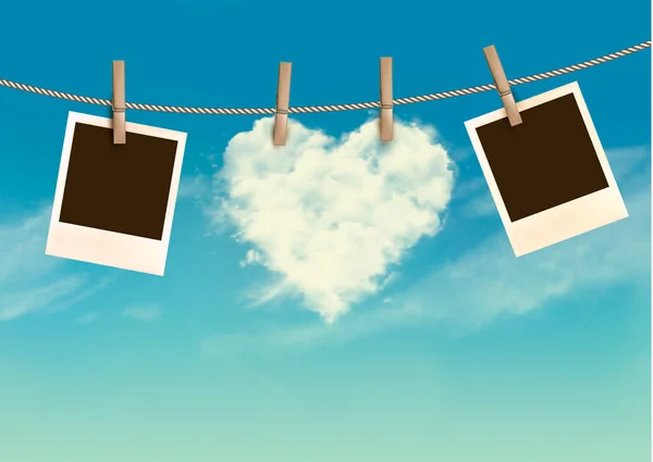 Heart shaped cloud on rope and photos. Valentine's day backgroun — Stock Vector