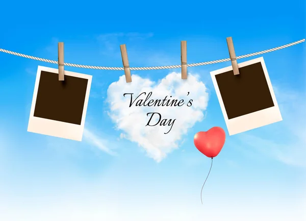 Herzförmige Wolke auf Seil und Fotos. Valentinstag-Hintergrund — Stockvektor