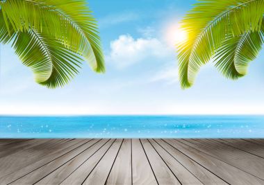Tatil arka plan. Palmiye ağaçları ve ahşap Resepsiyon ile plaj. Vect