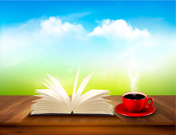 Открытая книга и красная чашка на деревянной палубе с зеленым и синим задником
