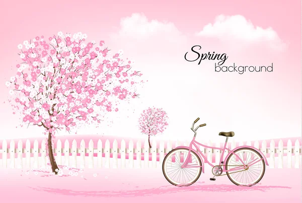Fundo de primavera com uma árvore florescente e uma bicicleta. Vetor . —  Vetores de Stock