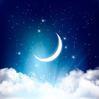 Gece gökyüzü arka plan ile Hilal ay, bulutlar ve yıldız. 