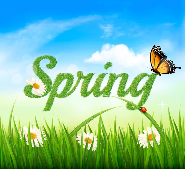 Spring background with grass, sky and a butterfly. Vector. — Stock Vector