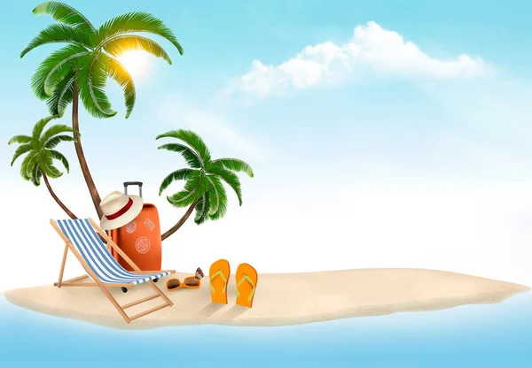 Tropische Kust Met Palmen Een Strandstoel Een Koffer Vakantie Vector — Stockvector