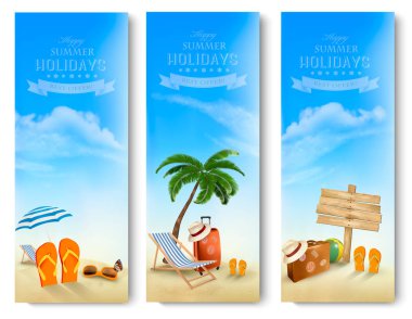 tropik sahil avuç içi, bir plaj sandalyesi ve bir bavul. vacat