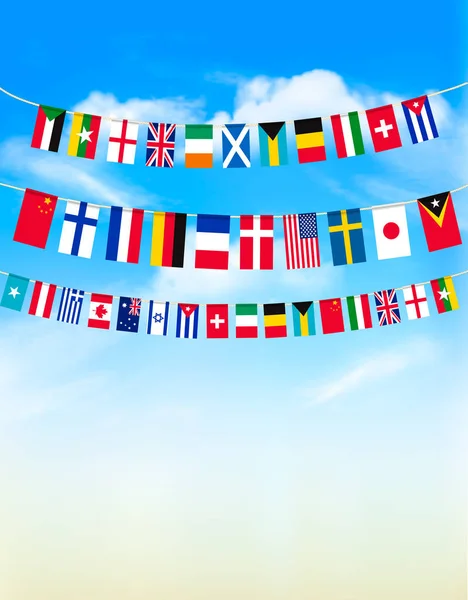 Bandeiras de bunting do mundo no céu azul. Ilustração vetorial — Vetor de Stock