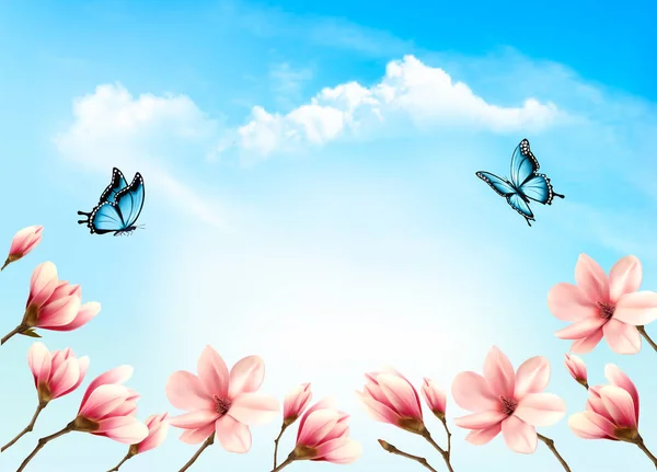 Natura primavera sfondo con bellissimi rami di magnolia su blu — Vettoriale Stock