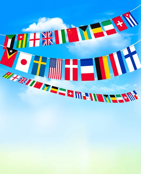 Wereld bunting leeuwenvlaggetjes op blauwe hemel. vectorillustratie — Stockvector