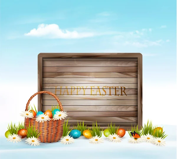 Feliz Pascua. Huevos en una cesta y letrero de madera. Vecto. — Archivo Imágenes Vectoriales