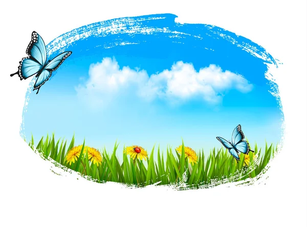 Spring nature background with green grass, flowers and blue sky. — Stock Vector
