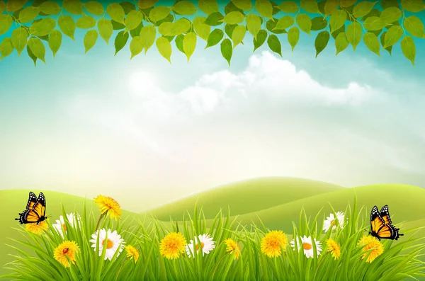 Spring nature landscape background with flowers and butterflies. — Stock Vector