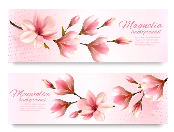 Természet tavaszán bannerek gyönyörű magnolia ágak. Vektor. — Stock Vector