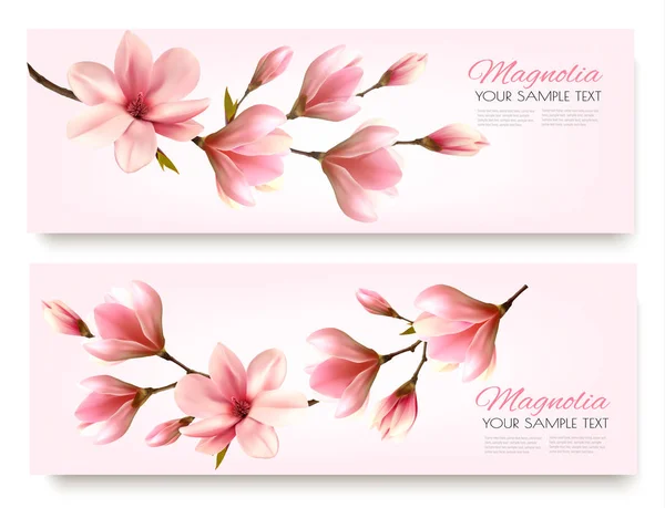 Banner primavera natura con bellissimi rami di magnolia. Vettore . — Vettoriale Stock