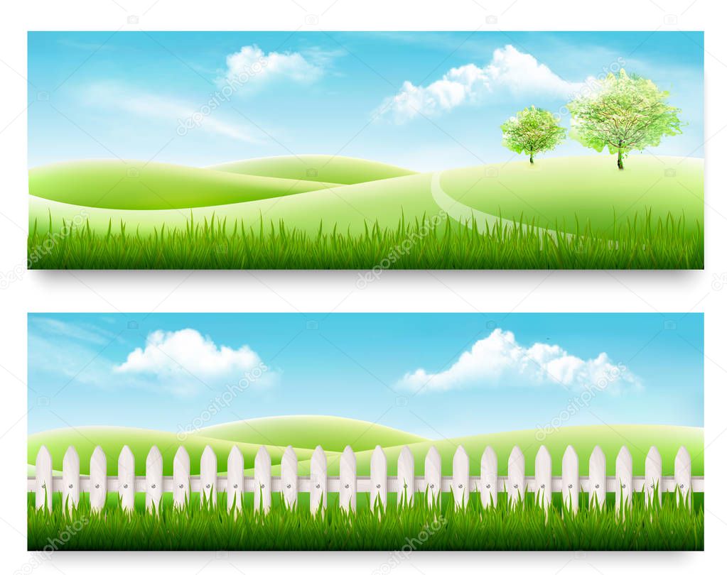 Two nature meadow banners with grass and blue sky. Vector.