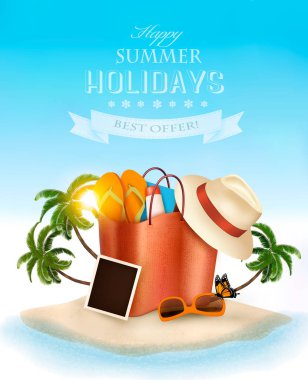 Avuç içi ile tropik ada, plaj çantası ve ve fotoğraf. Tatil 