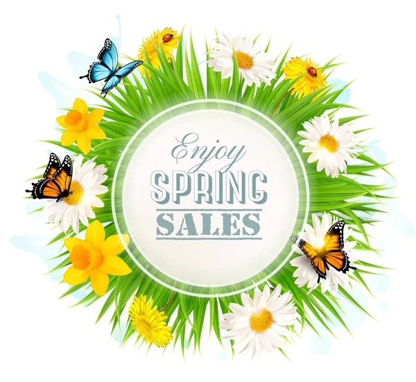 Fondo de la venta de primavera con una hierba verde y flores y mantequilla — Vector de stock