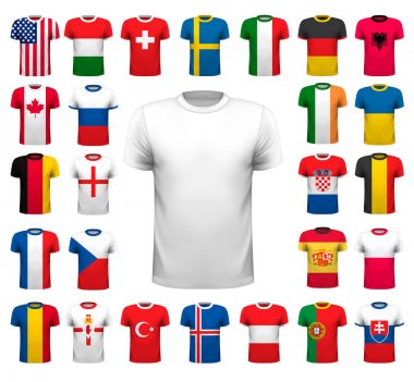 Çeşitli futbol formaları topluluğu. T-shirt şeffaf