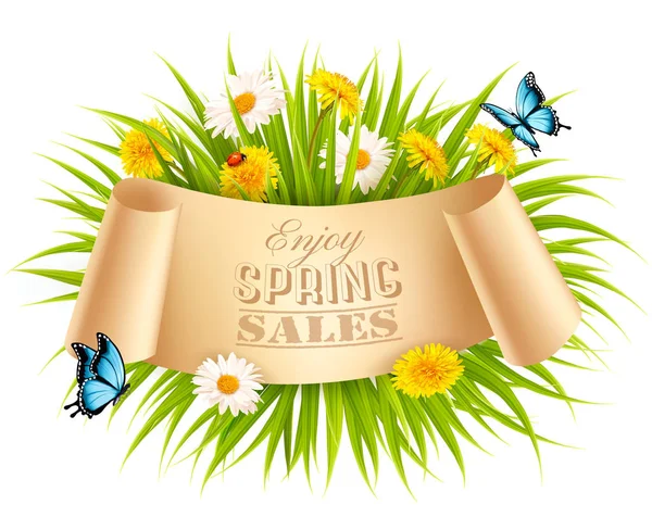 Primavera venda fundo com uma grama verde e flores e manteiga — Vetor de Stock
