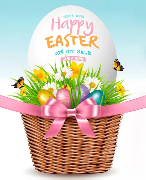 复活节销售背景 Colofrul 鸡蛋放在篮子里 绿草和花 — 图库矢量图片