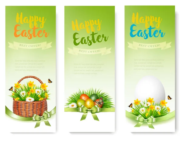 Hree Wielkanoc sprzedaż banerów. Kolorowe jajka i wiosenne kwiaty w gr — Wektor stockowy