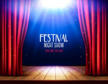 Bir kırmızı perde ve bir spot ışığı olan bir tiyatro sahne. Festival gece gösteri poster. Vektör. 