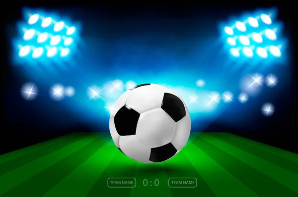 Arena de fútbol con luces brillantes del estadio y pelota. Fútbol Cha — Vector de stock