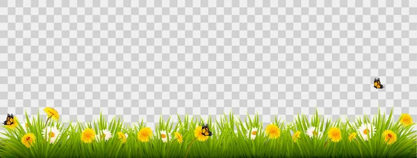 Banner de paisaje natural de verano con flores y mariposas. Vec — Archivo Imágenes Vectoriales